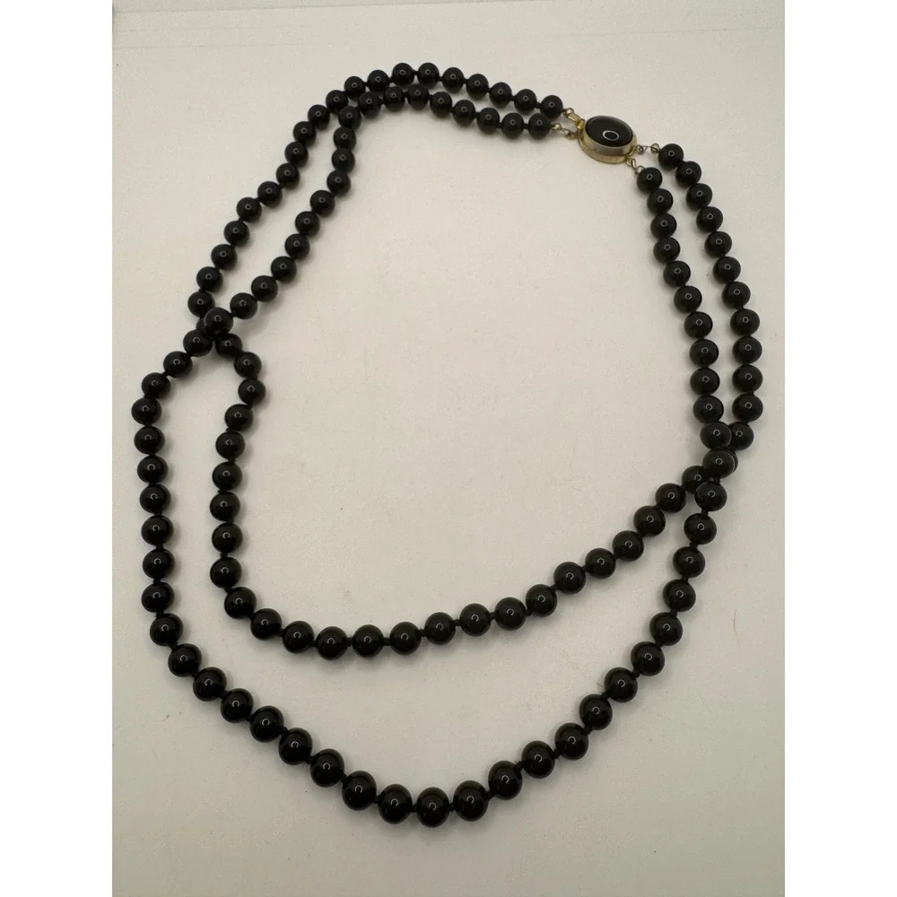 Vintage Black Double Strand Beaded Necklace Gold Tone Cabochon Gothic Victorian